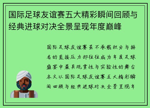 国际足球友谊赛五大精彩瞬间回顾与经典进球对决全景呈现年度巅峰